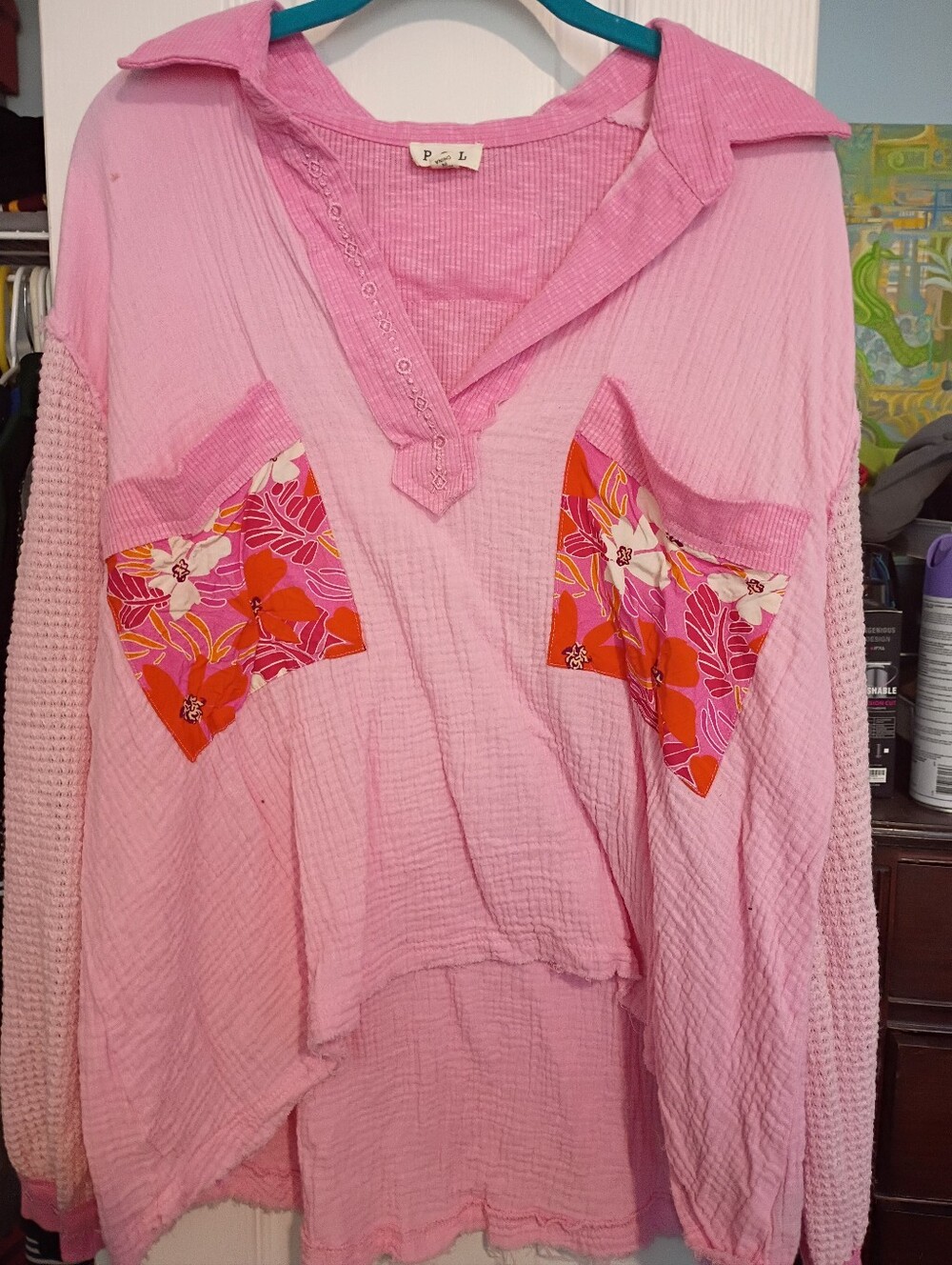 POL Pink Long-Sleeve Tunic with Floral Pocket Accents